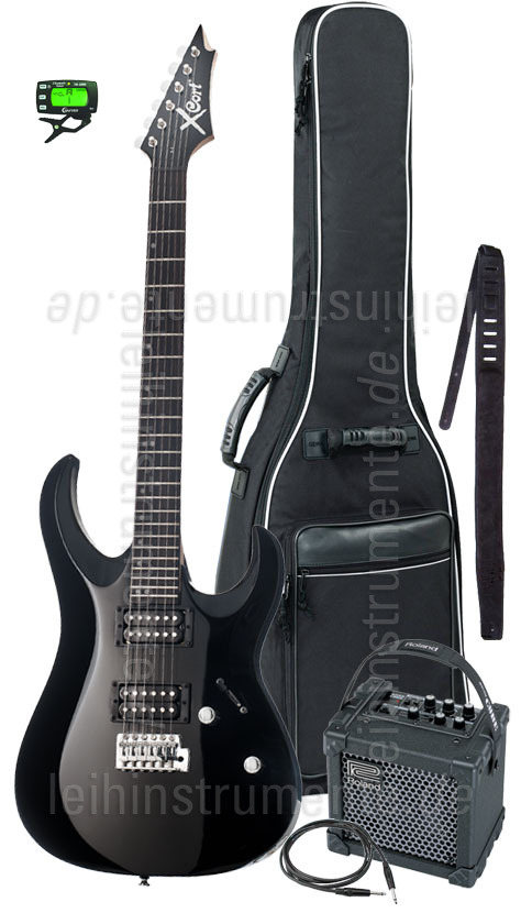 zur Artikelbeschreibung / Preis E-Gitarren Set CORT X2 schwarz + Roland Micro Cube GX + Tasche + Gurt + Kabel + Stimmgerät